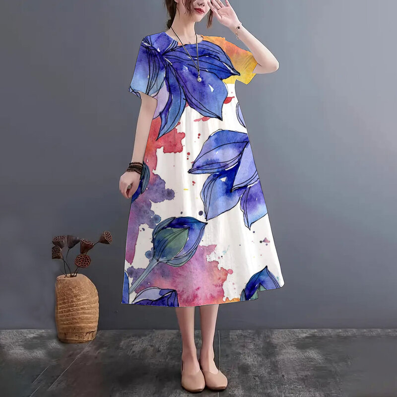 ชุดเดรสสำหรับผู้หญิงชุดเดรสพิมพ์ลายดอกบัวสีน้ำสีทองพิมพ์3D ฤดูร้อนแฟชั่นนุ่มสบายใหม่