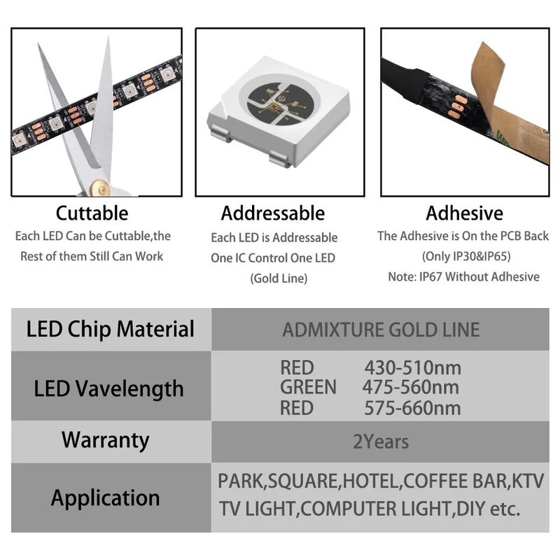 Bande Lumineuse RGB LED Adressable, WS2812B WS2811 WS2813 WS2815 30/60/144Pixels/LED/m 5050 WS2812