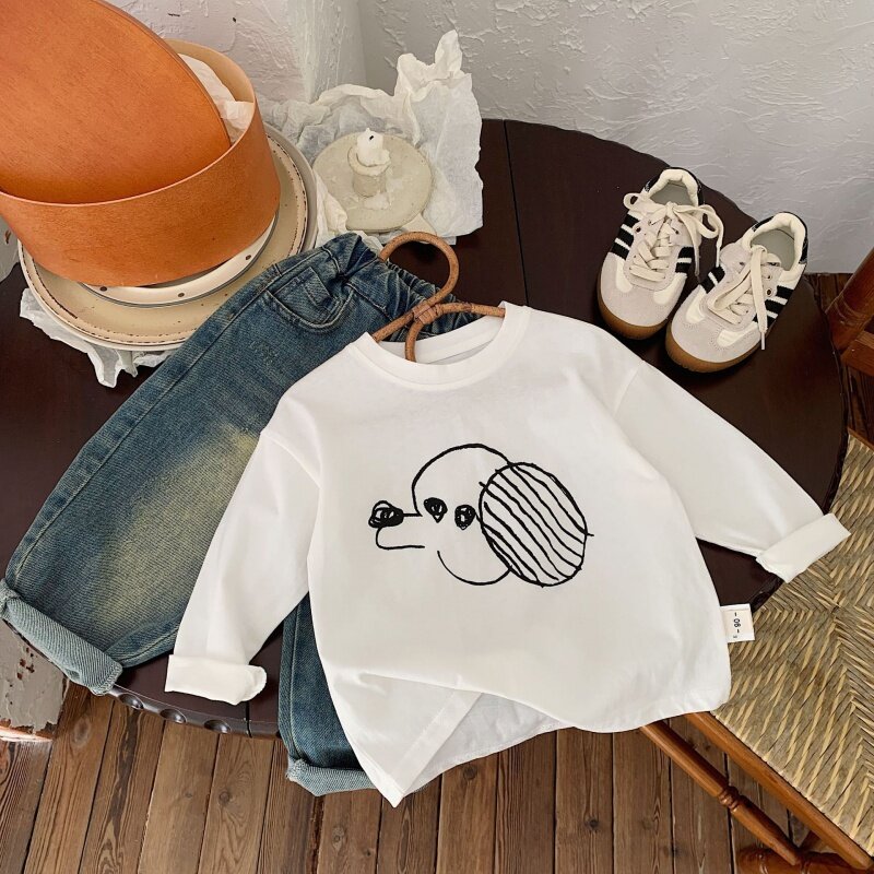 Camiseta de manga comprida de cachorro dos desenhos animados infantil, Tops simples, meninos e meninas, primavera, novo, G0048-WS