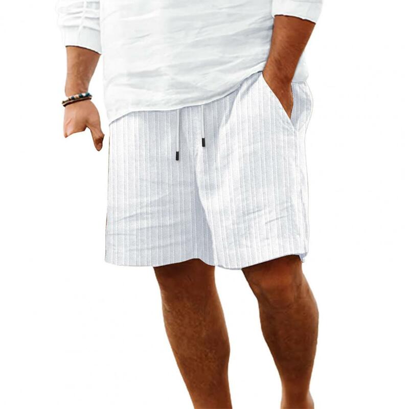 Summer Men Shorts Casual Elastic Waist Adjustable Drawstring Shorts with Reinforced Pockets Wide Leg Short Pants