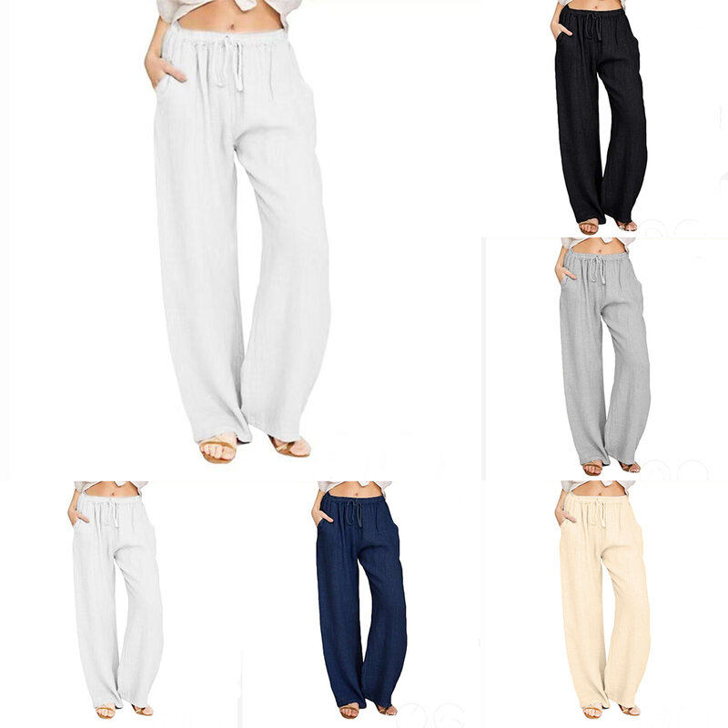 Pantalones cómodos de pierna ancha para mujer, pantalón holgado informal, con cordón en la cintura, talla grande, Color sólido, 80 caracteres