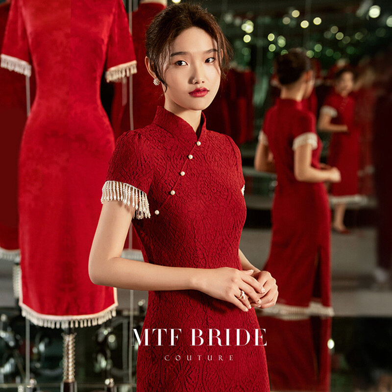 Gaun malam pertunangan pernikahan, gaun Cheongsam panggang tradisional Cina ukuran besar musim gugur Modern Retro merah