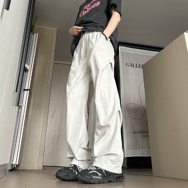 Calça reta solta casual masculina, estilo coreano, com cordão, moda simples, comprimento total, chique, pura, diária, combina com tudo, estudantes
