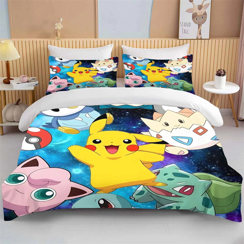 Pikachu-子供用の3Dデジタル印刷された寝具セット,掛け布団カバー,かわいい漫画,フルサイズ,子供部屋の装飾