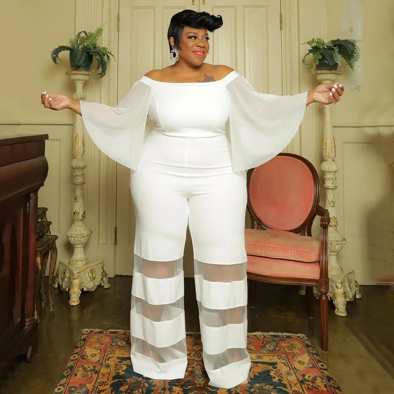 Macacão elegante feminino, fora do ombro, roupa única, manga de malha, macacão patchwork, calças de pernas largas, plus size, moda, 2023