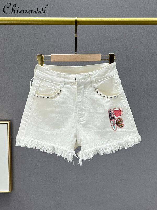 Women's White Frayed Denim Shorts Summer Clothes New Fashion High Waist Slim-fit European Beaded Streetwear A-line Hot Pants