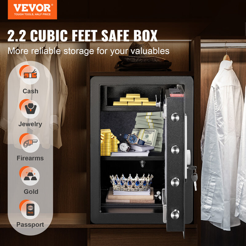 VEVOR 전기 안전 2.2 1.8 큐빅 피트, 지문 및 디지털 보안 캐비닛, 현금 보석 서류용 방화 가방 포함