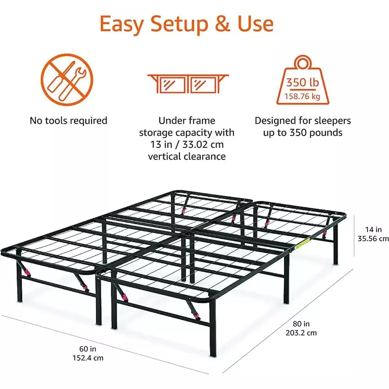Rangka tempat tidur Platform logam lipat bingkai tempat tidur, pengaturan bebas alat, multi-inci, rangka baja kokoh, tidak perlu pegas, besar, HITAM