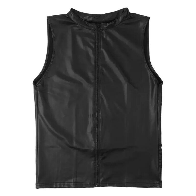 Men's Large Sexy Soft Leather Sleeveless Shirt Shaped Tank Top Men's Shiny Leather Tight Top Elastic Leather Clothing Role Play