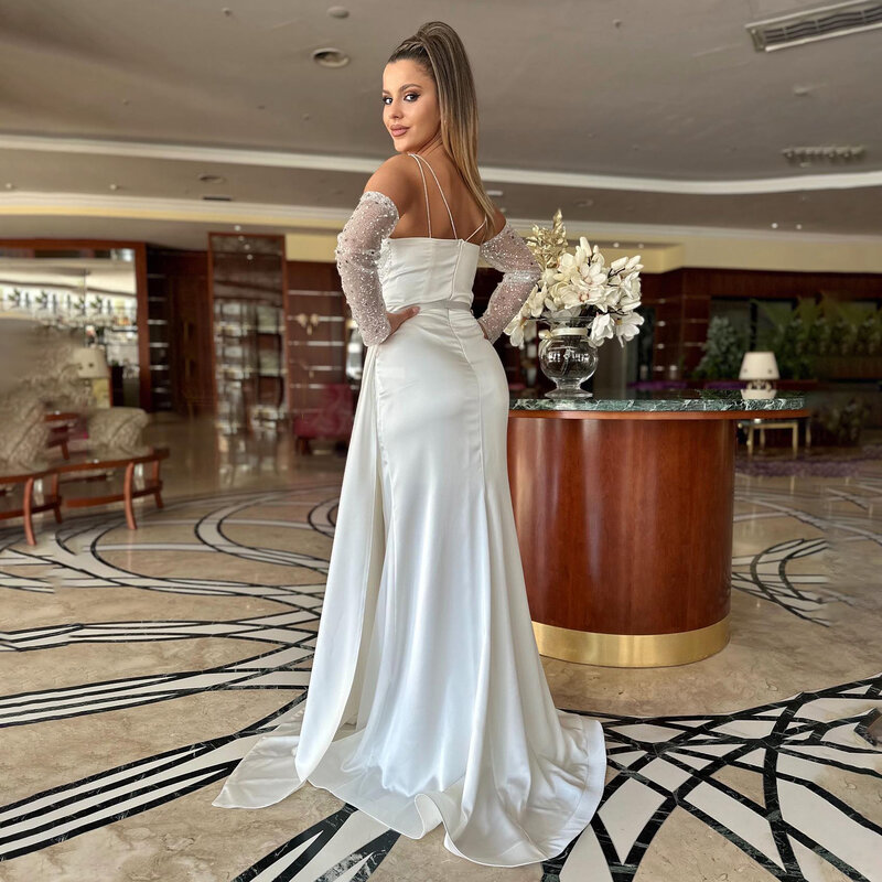 Drape Neck Sequins Sparkle Sheath Belted Wedding Dress Long Sleeves Spaghetti Straps High Silt Ruching Glossy Satin Evening Gown