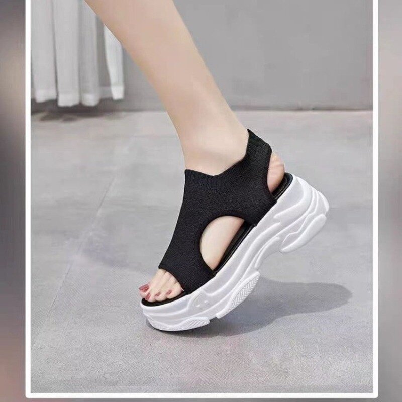 Calçado esportivo casual para mulheres, Salto de cunha, Cobertura de pano elástico, Sandálias de plataforma, Moda verão
