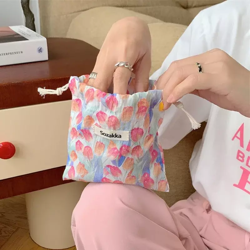 Japanese Flower Drawstring Coin Purse Wallet Gift Pouch Storage Bag Cute Floral Women Travel Organizer Lipstick Makeup Bag