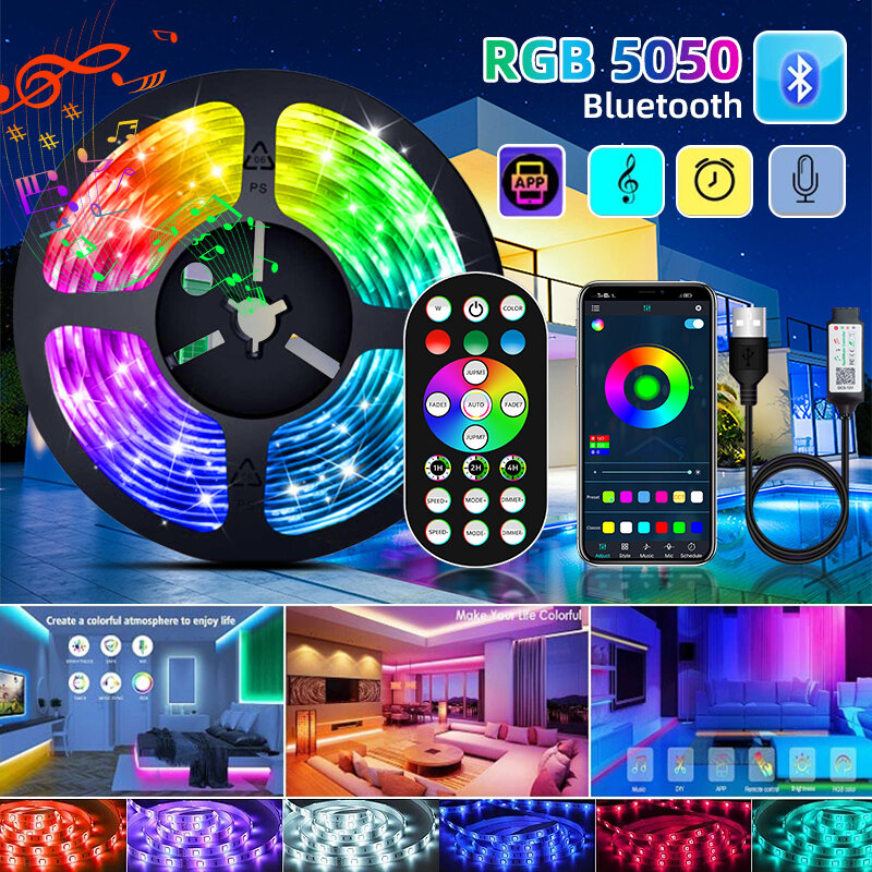 Bande Lumineuse LED RGB 5050, Bluetooth, USB, Flexible, 1m-30m, pour Chambre, Bureau, Écran, TV, Éclairage de Fond