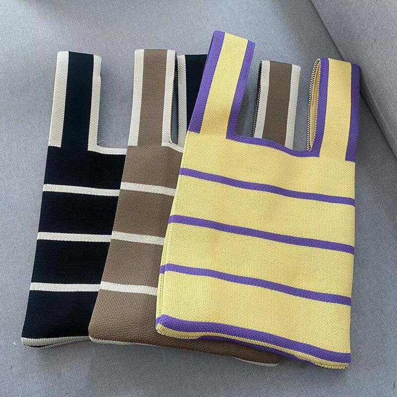 1pcs Wide Striped Handmade Knitted Handbag Minimalist Korean Women Mini Knot Wrist Bag Tote Bag Student Reusable Shopping Bags