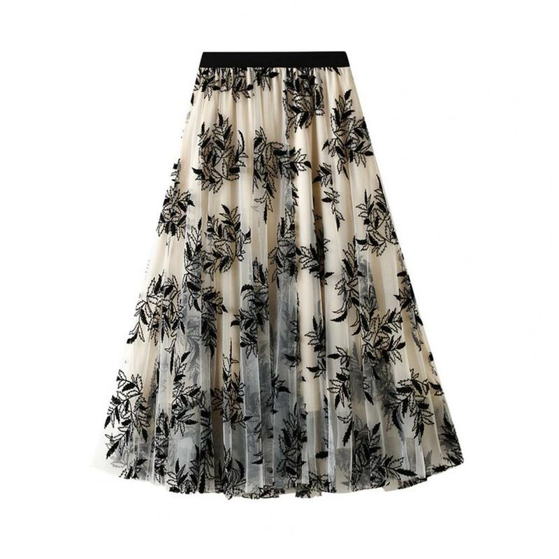 Falda larga abombada de malla para mujer, falda elegante con estampado de hojas bordadas en 3d, línea A, tul de malla de doble capa, diseño de cintura alta