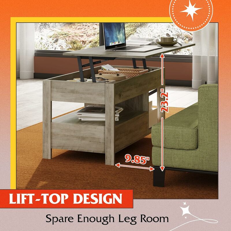 Meja kopi angkat atas untuk ruang tamu, meja kopi dengan penyimpanan, kompartemen tersembunyi dan bingkai logam, Meja Tengah untuk ruang