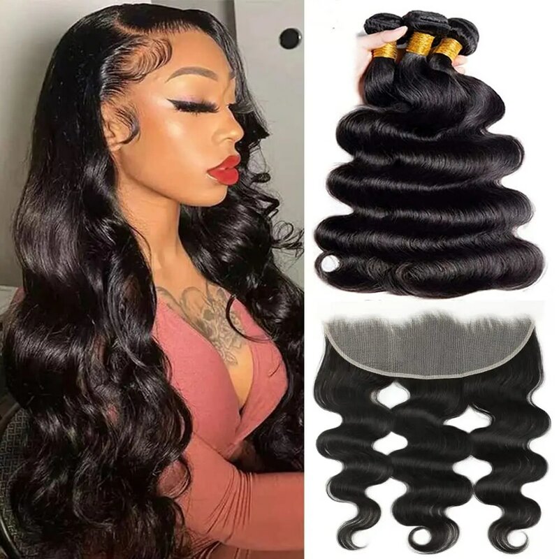 13x4 Lace Frontal Closure with Bundles Brazilian Body Wave 3 Bundles with Frontal Natural 1B Color 100% Unprcessed Human Hair