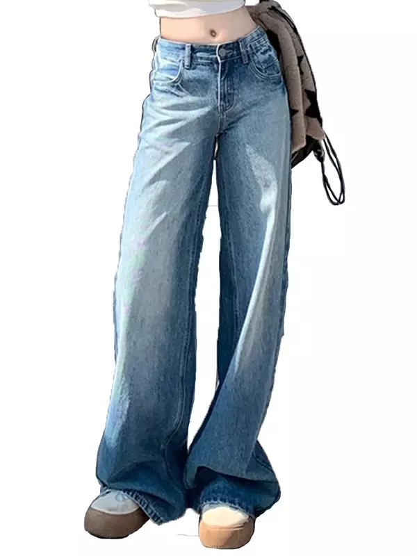 Calça jeans larga larga larga e simples feminina, calça feminina clássica, lavada básica, comprimento total, jeans reto casual, moda vintage, primavera