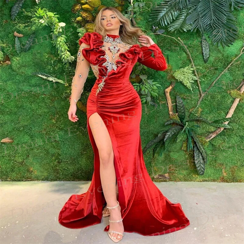 Vestido de noite vermelho com gola alta feminino, manga comprida, divisão lateral, novo vestido moderno de baile sereia, clássico, sexy, 2022