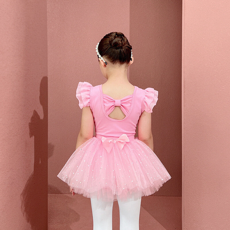 Leotardos de Ballet para niñas, falda de tutú de baile brillante, traje de baile con lazo hueco en la espalda, vestido de actuación de Ballet para niños pequeños