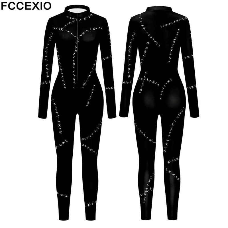 FCCEXIO Dark Wind Catwoman Print Zentai Black Jumpsuit Carnival Halloween Party Woman Sexy Bodysuit Outfit Mujer Costume
