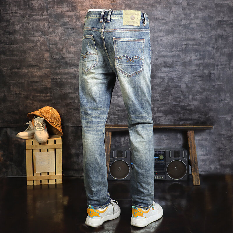 Italian Style Fashion Men Jeans Retro Washed Blue Elastic Slim Fit Ripped Jeans Men High Quality Vintage Designer Denim Pants