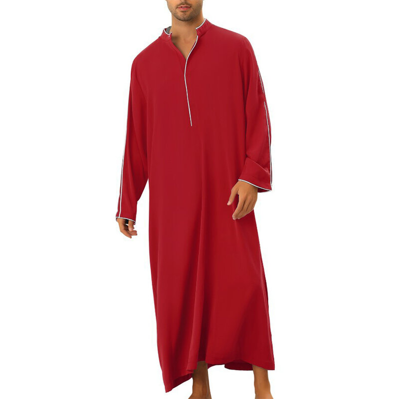 Atasan Pria jubah Muslim gaun poliester biasa warna Solid kasual leher kru panjang penuh kualitas tinggi jubah Kaftan