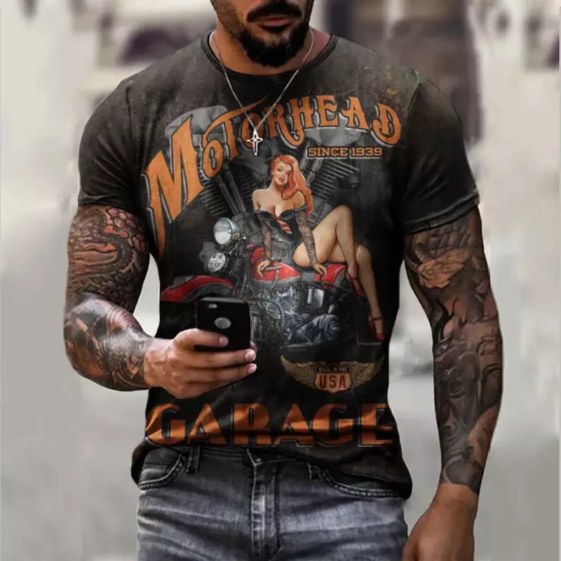2024 Summer New Retro Motorcycle Racing Pattern 3D Printed Men's T-shirt Fashion Extra Large O-Neck Short Sleeve Street Clothing