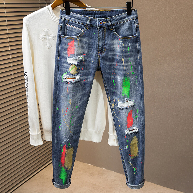 Graffiti Jeans Men's Hip Hop Spray Paint Fashion Pants Streetwear Personalized Ripped Stretch Slim Foot Denim Trousers