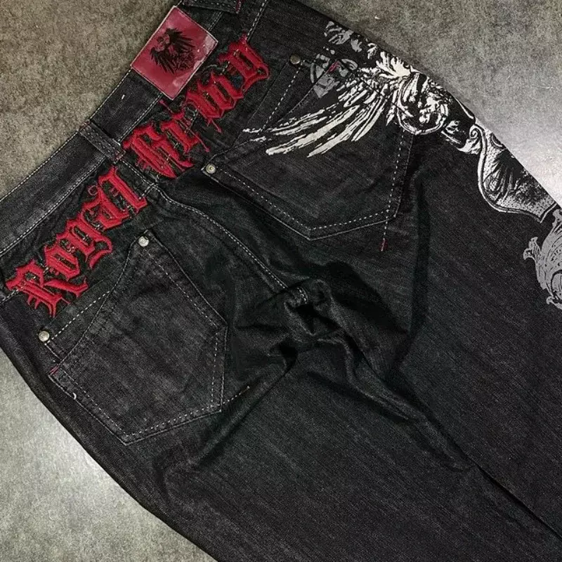 Y2K celana Jeans Vintage Harajuku Hip Hop, celana jins longgar bordir grafis warna hitam Gotik pinggang tinggi untuk pria dan wanita