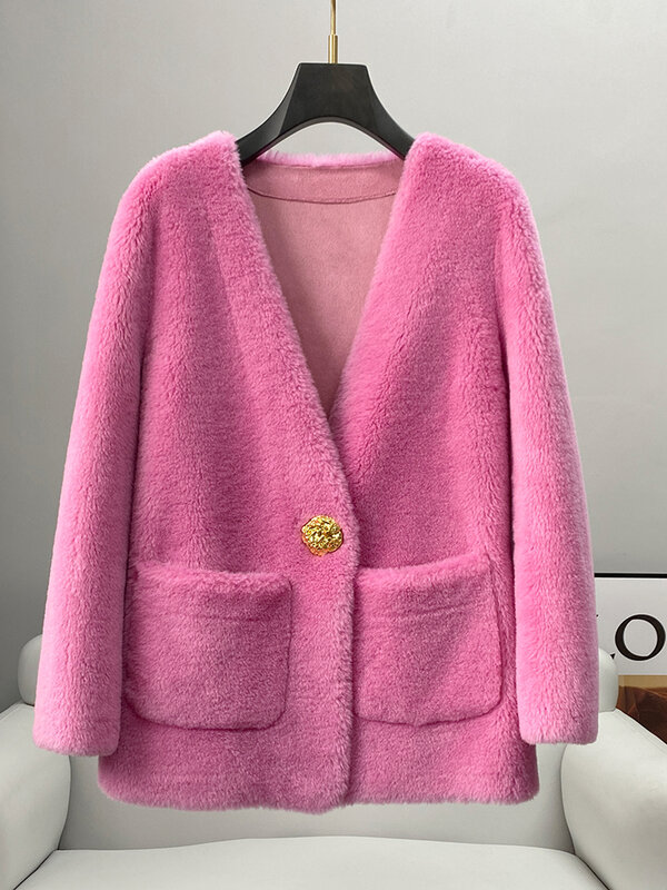 Cappotto di lana di agnello con scollo a v granulare Sheared cappotto di pelliccia da donna di media lunghezza 2023