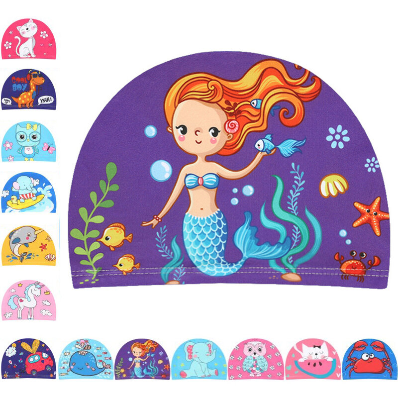 Gorro de baño de tela de dibujos animados para niños y niñas, gorros de baño para nadar, piscina, deportes acuáticos, protección de orejas
