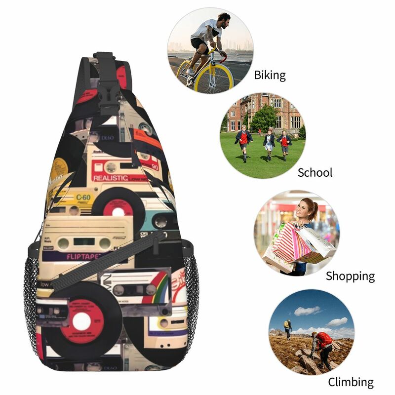 Bandolera con cinta de Cassette y vinilos, bolso de pecho informal Vintage, mochila de hombro, mochila de día, senderismo, ciclismo al aire libre