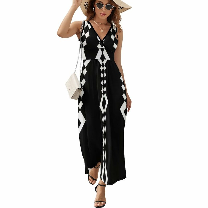 레트로 흑백 패턴 민소매 드레스, 이브닝 가운, 여성 롱 드레스, 1960 년대