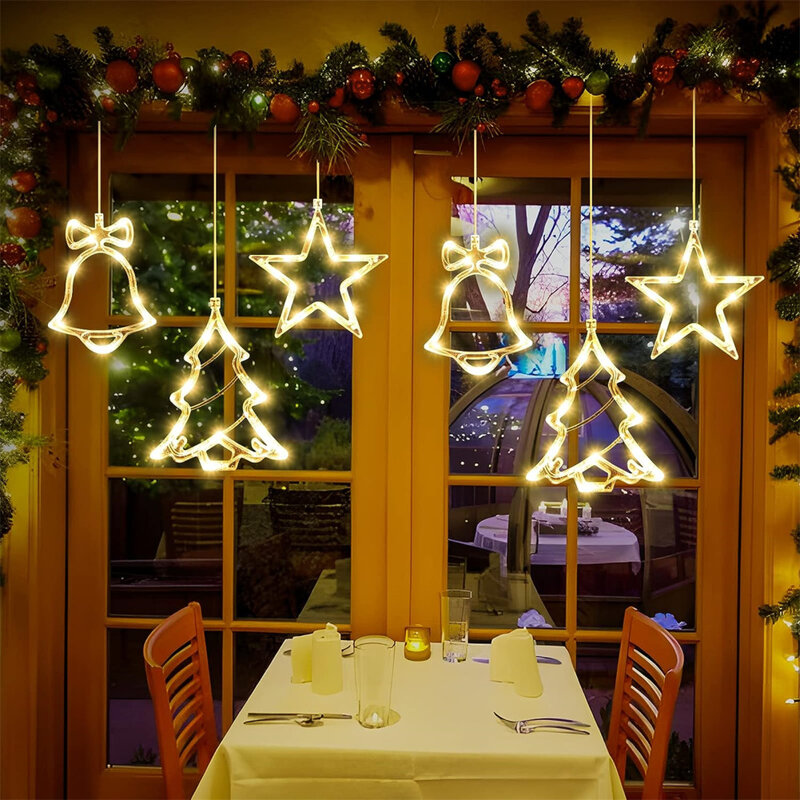 Natal Luzes da janela com ventosas, alimentado por pilhas, Tree Bell, Star Shaped LED, Otário Lâmpada, Dropship, 3pcs, 3600 K