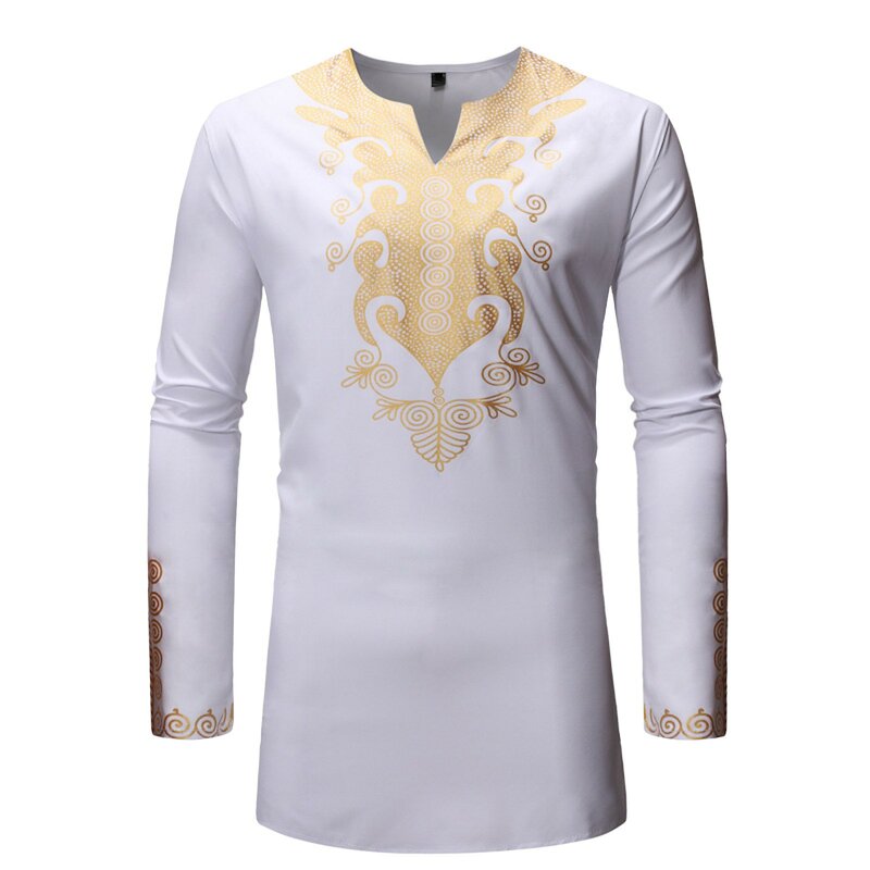 Повседневная мусульманская Арабская абайя, модная Этническая рубашка средней длины с воротником-стойкой и принтом, молодежная одежда 2024, мусульманская мужская одежда