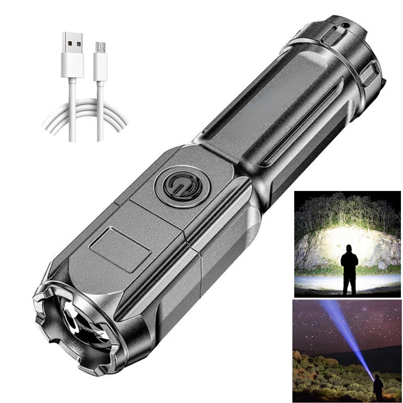 ABS Strong LED Portable Flashlight Outdoor Camping Night Fishing Lantern Flstar Fire USB Rechargeable Telescopic Zoom Torch