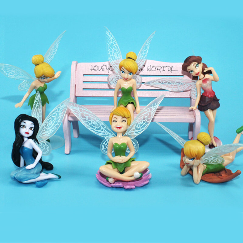 ディズニー-花の妖精のベルの置物,6個,漫画のフィギュア,プリンセスフィギュア,ケーキの装飾,子供のための装飾