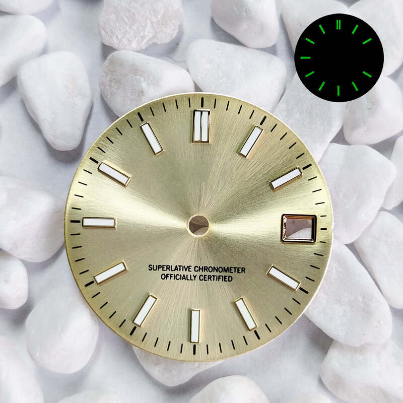 Quadrante da 28.5mm quadrante marrone sunburst verde luminoso per accessori per orologi in oro con movimento NH35 dial NH36