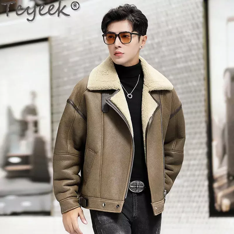 Tcyeek-Jaqueta de couro genuíno masculina, casaco de pele real, casacos naturais de pele de carneiro, moda motocicleta, roupas soltas, inverno