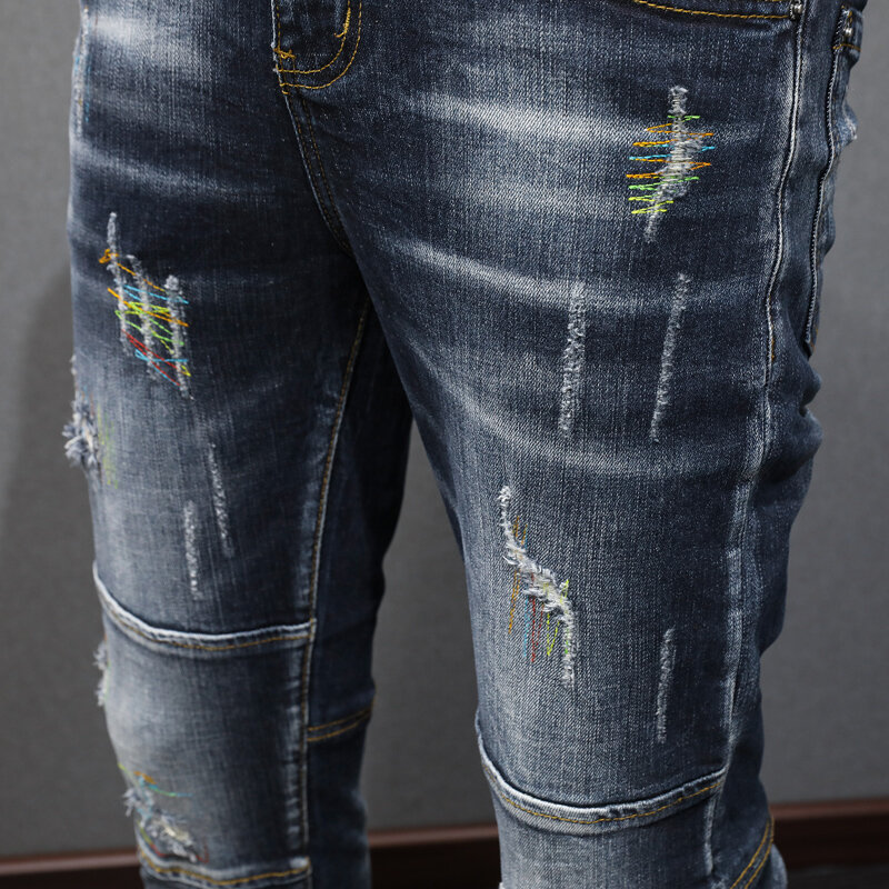 Pantalones vaqueros rasgados elásticos Retro para Hombre, Jeans de moda urbana, pantalones de mezclilla de Hip Hop de diseñador bordado, negro y azul