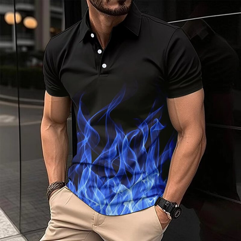 Camisa polo gradiente masculina, tops empresariais 3D, casual golfe, manga curta, lapela de abano, tecido de malha, verão