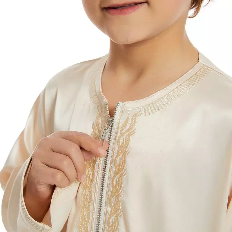 Batas musulmanas para niños árabes de Oriente Medio, camisa de manga larga con cuello redondo y cremallera estampada, ropa islámica, novedad de 2024
