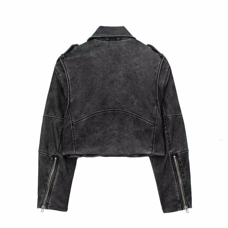 Women New Fashion Obsolescence effect Cropped Faux leather Locomotive style Jacket Coat Vintage Zipper Female Outerwear Chic Top