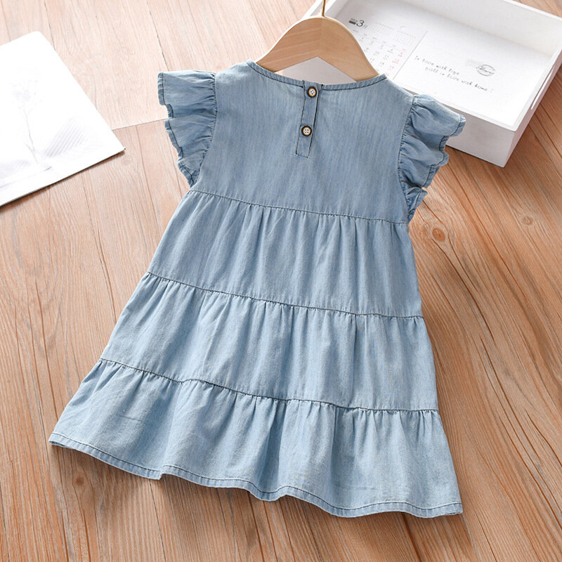 Летние джинсовые платья с воланом для маленьких девочек, Повседневная хлопковая мягкая удобная одежда для детей на день рождения, 2024