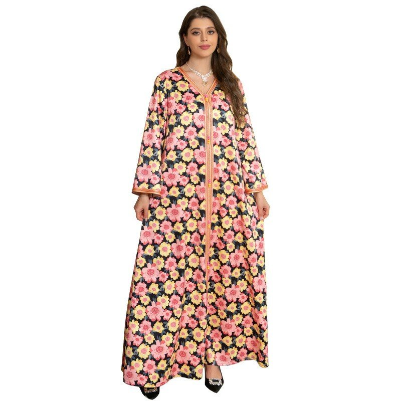 Manto muçulmano com estampa de flores, vestido retrô casual, fita combinando, Oriente Médio, Casa, Ab306