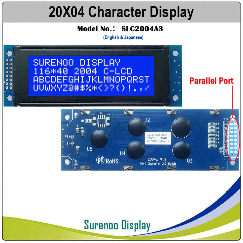 Surenoo IIC I2C 문자 LCD 모듈 디스플레이 화면, LCM 백색 LED 백라이트, 영어 일본어, 116x40mm, 2x8 핀, 204 20X4 2004 6800