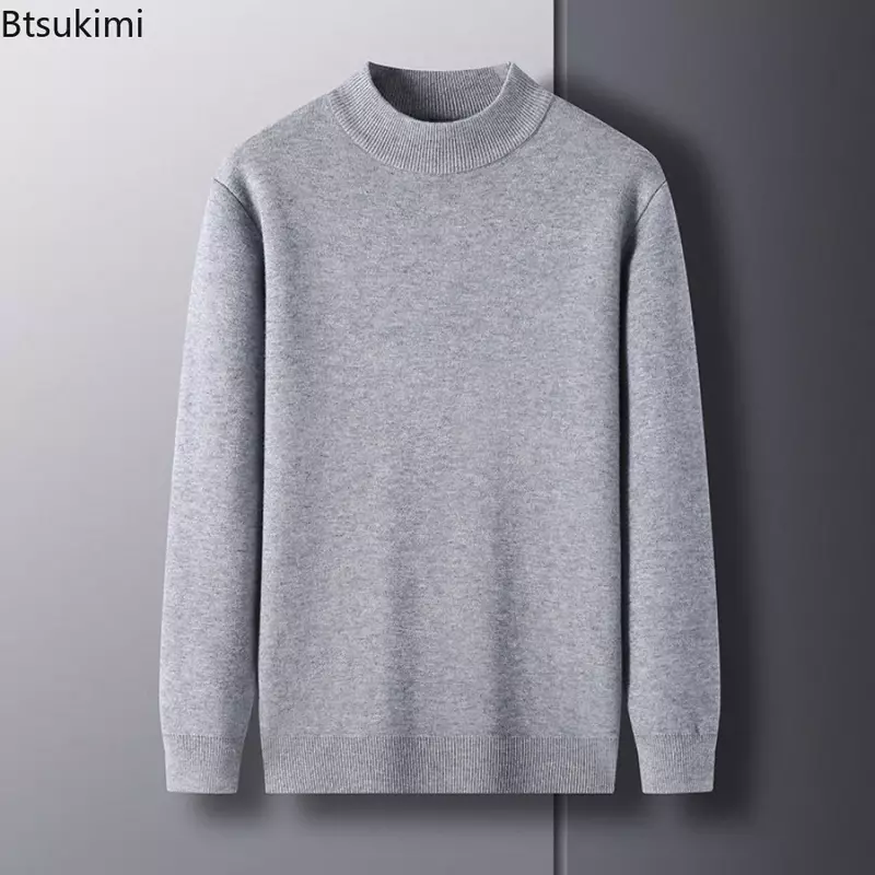 Sweater rajut wol imitasi hangat pria, Sweater pullover polos leher tinggi setengah, pakaian rajut Fashion kasual 2024
