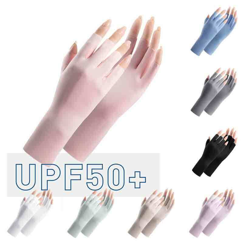 Sarung tangan setengah jari wanita, sarung tangan sutra dingin bernapas tipis tanpa jari, sarung tangan berkendara luar ruangan tabir surya