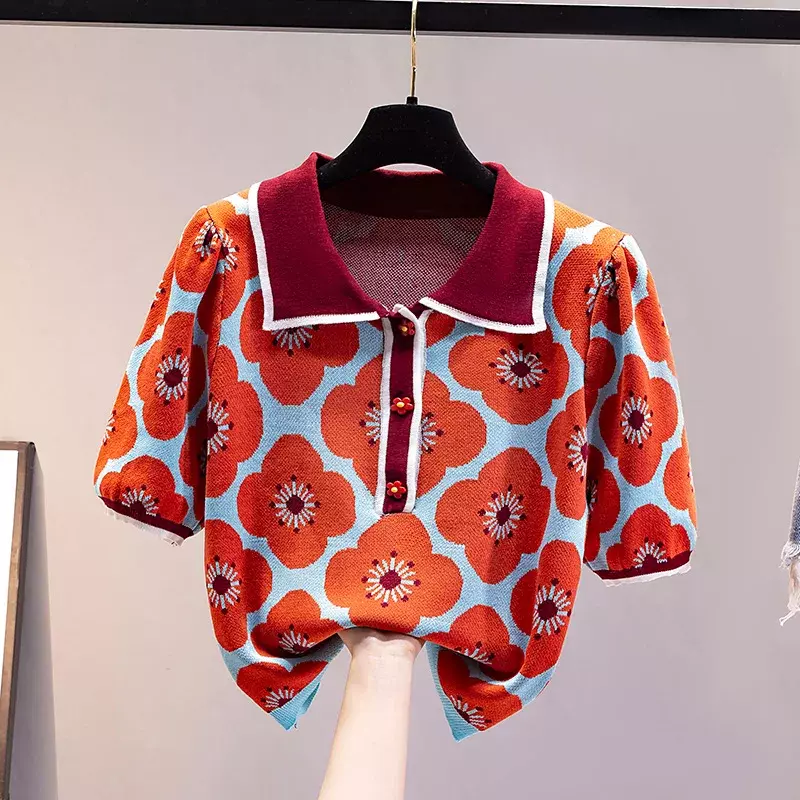 Suéter de punto con manga abullonada de Jacquard para mujer, Jersey fino con botones, Top corto Vintage, novedad de verano, 2024